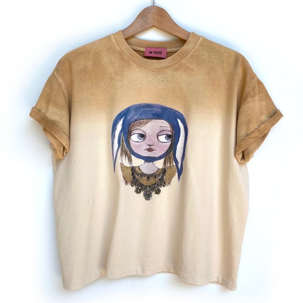 Short Sleeve Graphic Tee with Beads & Sequins, 100% Cotton
